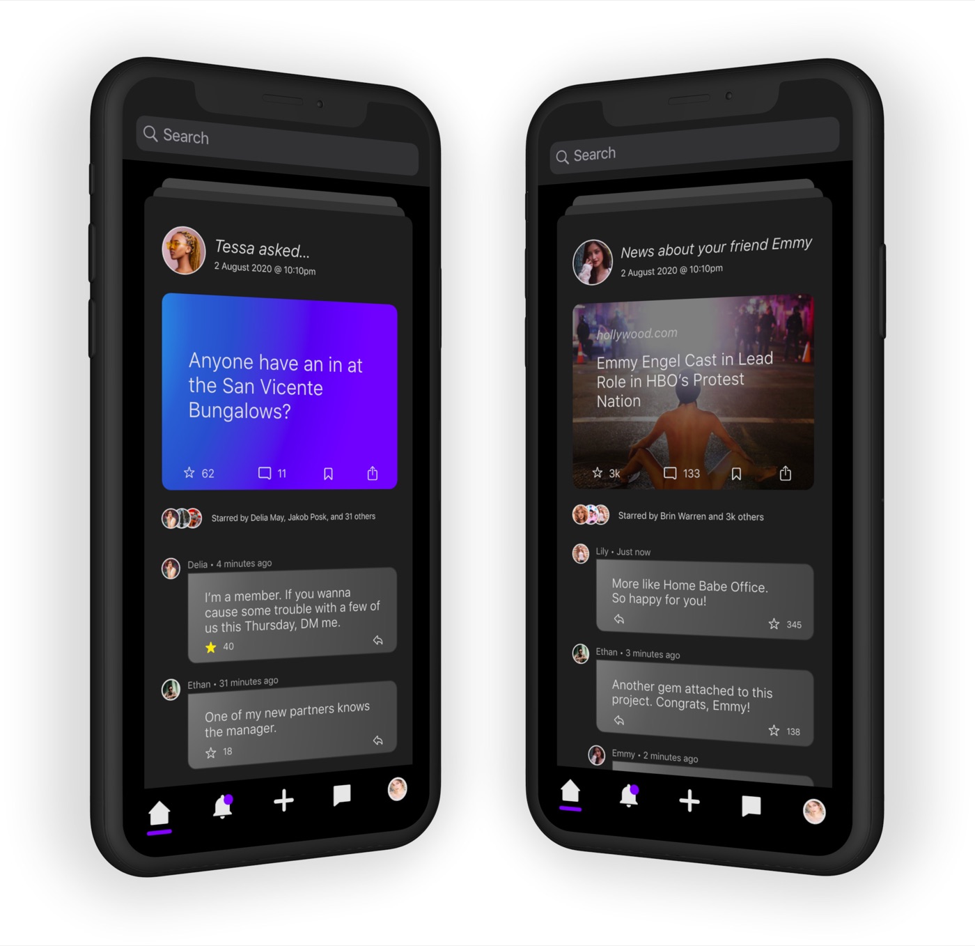 Lot Club app prototype: a member's question and curated news about a fellow member